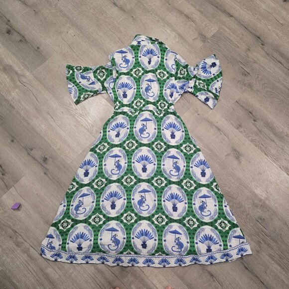Isla Payal  COMO MIDI | MONKEY CHINOISERIE JADE & Blue Floral Print Maxi Dress S - Picture 8 of 12